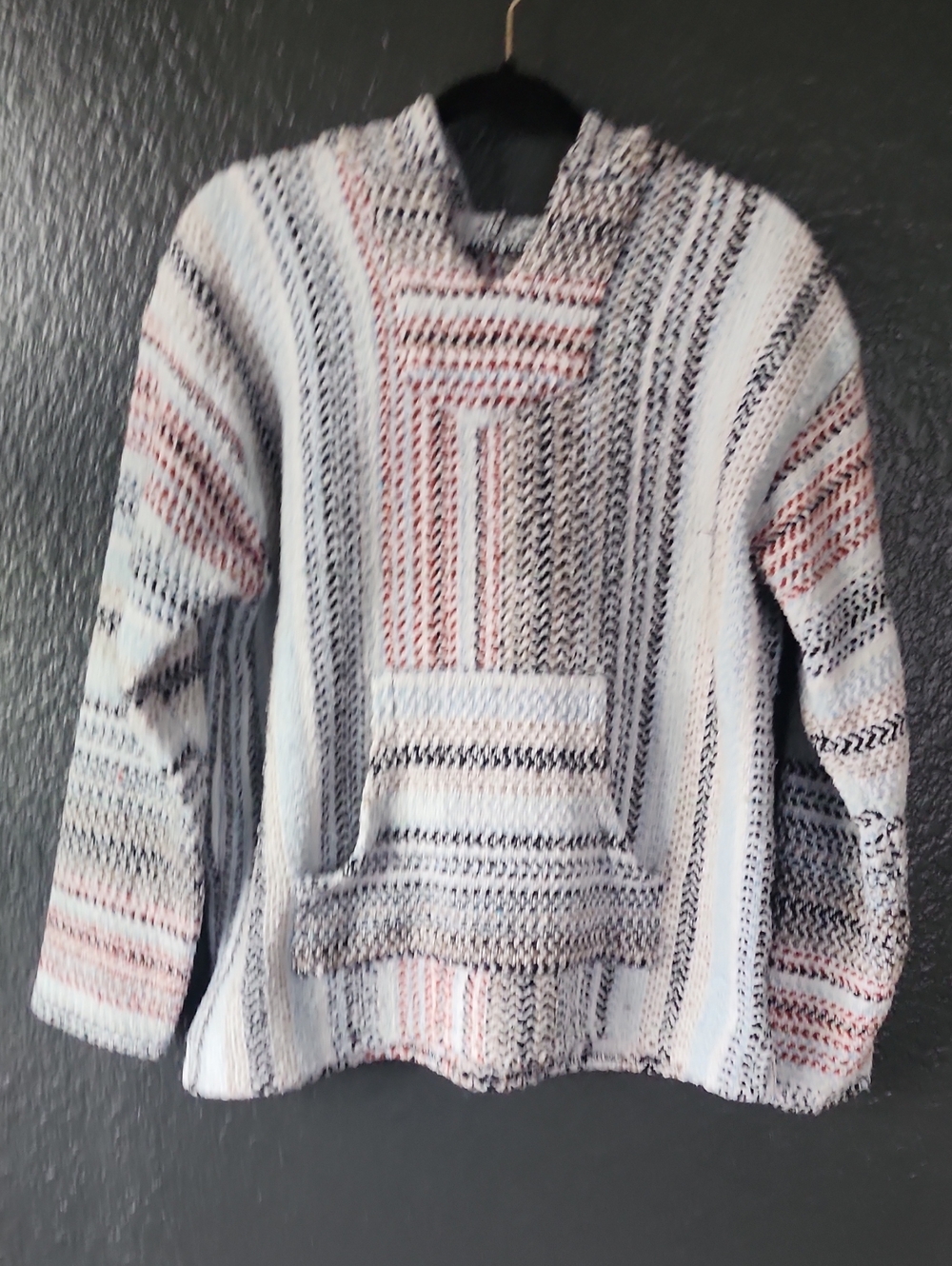 Striped Hooded Poncho Sweater in White, Pink & Black -